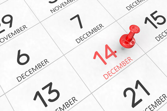 3d rendering of important days concept. December 14th. Day 14 of month. Red date written and pinned on a calendar. Winter month, day of the year. Remind you an important event or possibility.