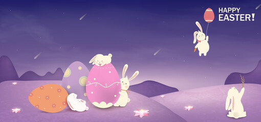 Naklejka premium Happy Easter. Easter Rabbit Bunny with eggs, grass, flowers in field. Cute cartoon rabbit character with chicken, Paschal egg. Design template for Banner, flyer, invitation, greeting card, poster.