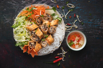 Vietnamese spring rolls with rice noodle, Bun nem