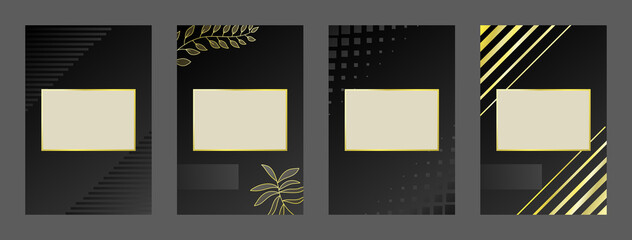Set of strict poster design. Black background with golden elements. A4 size for flyer, invitation, cover, business card.