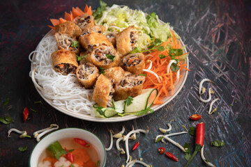 Vietnamese spring rolls with rice noodle, Bun nem