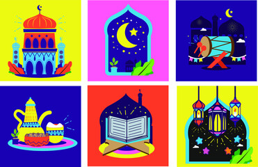 Set Vector Illustration For The Celebration Of Holy Month Ramadan  Kareem  Islam using for card and banner
