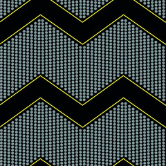 Seamless pattern isolated on a black background. Zigzag print, gray dots, small circles, yellow lines. Elegant style. Vector.