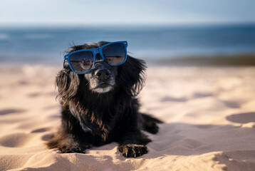 Pies w okularach przeciwsłonecznych leży na plaży - obrazy, fototapety, plakaty