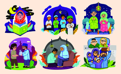 Set VECTOR Ramadan and Eid Mubarak Activity Family, Praying, Zakat Ramadan celebrated Illustration, Vector Using for Sticker, website banner
