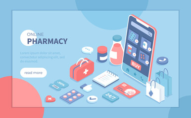 Online pharmacy, medical store. Health service, medical care app. Healthcare, doctor prescription, medicaments in drugstore. Isometric vector illustration for banner, website.