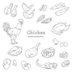 鶏肉のイラストセット-手描きの線画