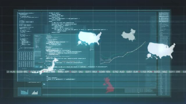 Digital background animation of computer program. Screen with Data, Hacker Code, Binary Characters.