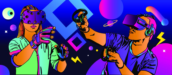 Excited man & Woman wearing virtual reality goggles neon colors Vector illustration