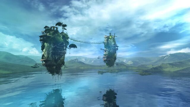 Fantastic computer landscape with a lake and flying islands.