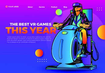 Woman playing Bikers Games Virtual augmented Reality Experience VR Glasses with neon Shape lines For Landing Banner Page Or Poster Web