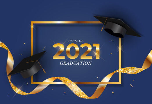 Graduation Class Of 2021 With Graduation Cap Hat And Confetti. Vector Illustration