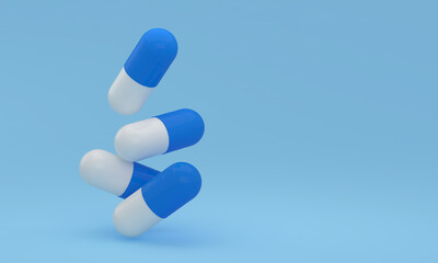 Falling pills onto the table surface. 3D illustration