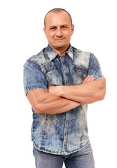 Caucasian man with arms crossed on white background