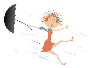 Strong wind, young woman and umbrella isolated illustration. Comic frightened woman in the red dress and umbrella gone by the wind isolated on white illustration 
