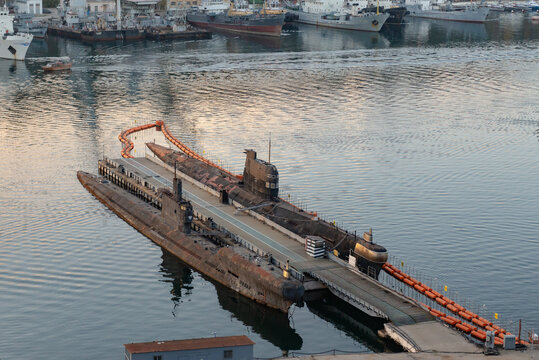 Sevastopol. Crimea. Winter 2020. Old diesel submarines in Sevastopol. Russian submarine Alrosa and Ukrainian submarine Zaporozhye.