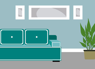 Modern living room interior. There are three paintings on the wall. Sofa and house plant