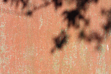 Old cracked red rusty background with shadows formed by tree leaves. copy space option