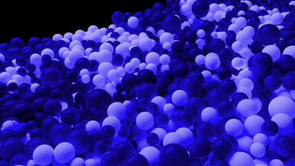 beautiful shiny blue white balls of different colors and sizes completely cover the surface. Some spheres glow. 3d photorealistic render geometric reative holiday background of shiny balls