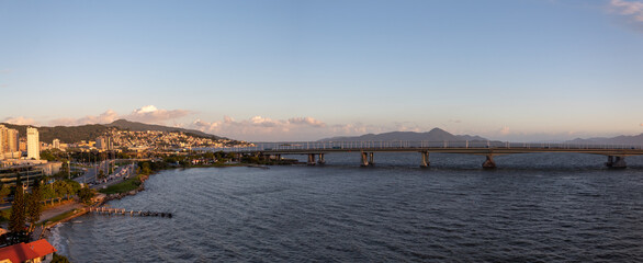 panorama of the city at sunset in Florianopolis, ponte Hercílio Luz, Florianópolis, Santa Catarina, Brazil