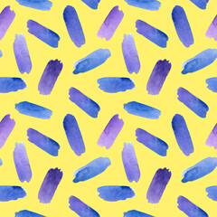 Watercolor violet, purple and blue brush strokes seamless pattern. Color swatches on yellow background.