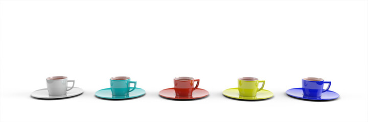 Five colored coffee cups on a white background. Minimalistic concept. 3d rendering