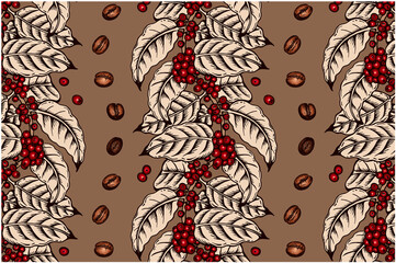 Outline sketch drawing pattern of coffee tree with leaves, brown roasted and red raw coffee beans on branch isolated on brown background. Botanical wallpaper, packaging, cafe, Vector illustration. - 427747986