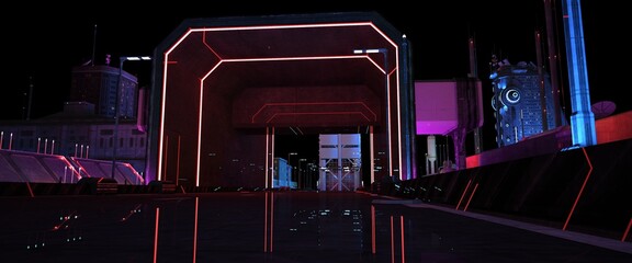 Dark neon night in a cyberpunk city. Neon lights reflecting in an empty highway. Night scene in a cyberpunk style. Futuristic city. 3D illustration. Industrial urban wallpaper.