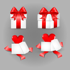 White gift box with red satin bow. A heart flies from an open gift. Tied with red wrapping tape, it stands on the surface in the front view.
