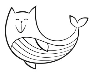 Line art whale and cat illustration on white background. Cute whales. Fairytale Illustration on white background. Perfect for patterns print, baby shower card, invitation, greeting card