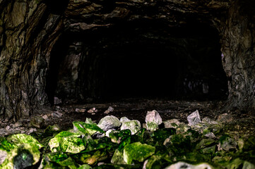 洞窟に転がる苔むした岩石