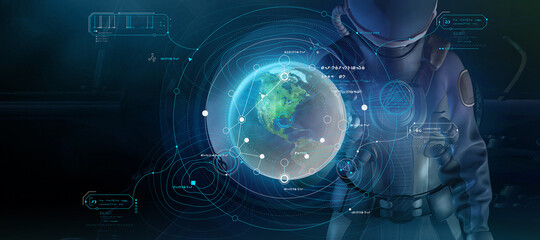 Fantastic poster with a man in a spacesuit and infographics. 3D render