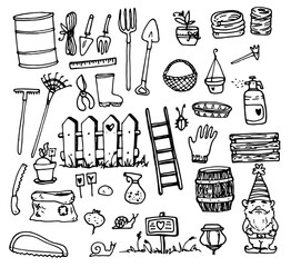 Vector set of elements from garden tools, fence, garden gnome, ladder and plants, hand-drawn in doodle style with a black line. shovel, rake, barrel, earth bag, shovel and sprayer with flower pot for  © Анастасия Винтовкина