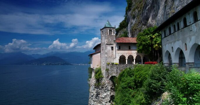 Hermitage of Santa Caterina del Sasso, Leggiuno, Italy. 4K DCI Slow Pan