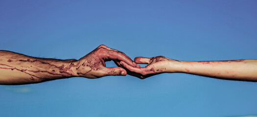 Bloody hands. Zombie hand, war soldier with bloody wounds and red blood. - obrazy, fototapety, plakaty