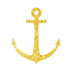 Gold glitter sparkle anchor isolated on white background. Luxury golden nautical symbol. Vector illustration of glittered design element for party decoration, wedding invitation