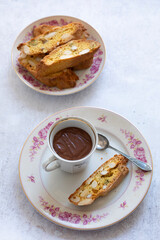 Italian cantuccini biscuits and dark chocolate pot