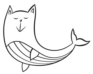 Line art whale and cat illustration on white background. Cute whales. Fairytale Illustration on white background. Perfect for patterns print, baby shower card, invitation, greeting card