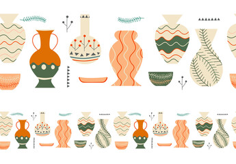 Ceramic and pottery. Seamless border, ribbon. Trendy design elements for duct tape, adhesive tape, dyeing, textile, wallpaper, packing, patterns, fabric. Vintage classical design.