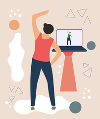 Girl exercising and watching online tutorials on laptop. Modern flat vector illustration. Quarantine