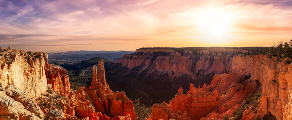 Aerial panoramic view of the beautiful American Canyon Landscape. Dramatic Colorful Sunset Sky Artistic Render. Taken in Bryce Canyon National Park, Utah, United States