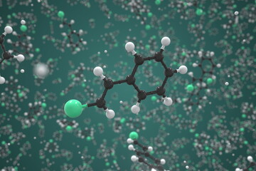 Chlorostyrene molecule made with balls, conceptual molecular model. Chemical 3d rendering