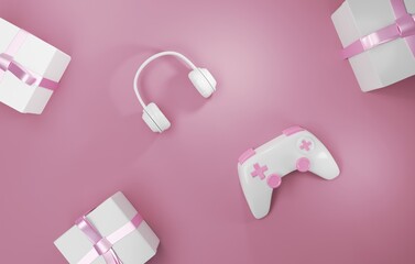 3d image beautiful gifts with beautifully tied bows with gamepad and headphones

