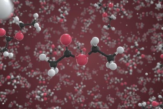 Ethyl acetate molecule made with balls, conceptual molecular model. Chemical 3d rendering