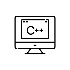 C plus plus programming language. C plus plus outline vector icon. computer with c plus plus programming concept. Thin line black c plus plus icon on a computer icon - obrazy, fototapety, plakaty