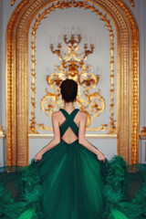 A young girl in a green haute couture feather dress standing with her back in a luxurious gold...