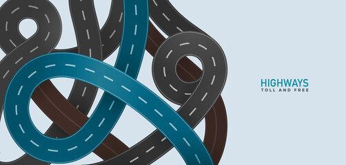 Toll and free roads. Vector highway set with main blue road top view modern illustration. City route unction viaduct white background.