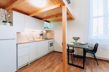 Loft apartment with kitchen, which is under wooden construction forming second floor. Room features decorative plants, set dining table and regular kitchen appliances.