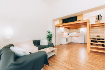 Loft apartment with kitchen, which is under wooden construction forming second floor with staircase. Room features decorative plants, set dining table and regular kitchen appliances.