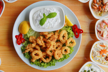 pan-fried calamari, appetizer on the table